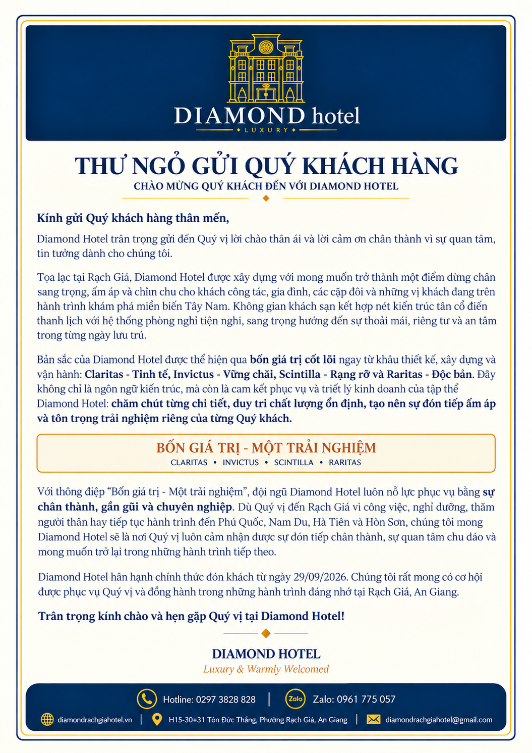 Thư ngỏ gửi quý khách — Diamond Rạch Giá Hotel